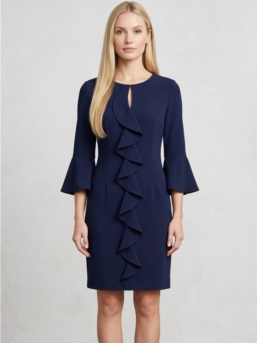 Jessica Howard Petite Navy Blue Ruffle Front Dress — Size 4P | NWT